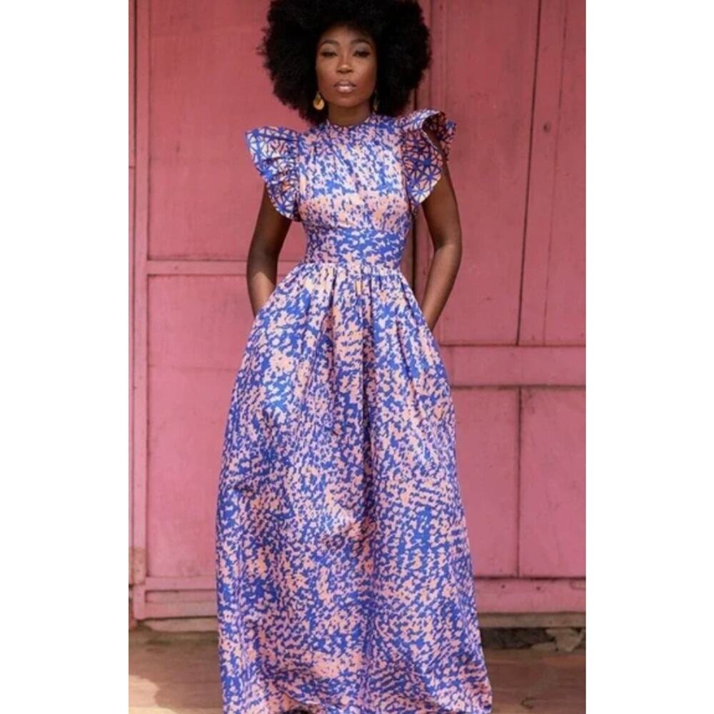 SIKA Sz 8 US 12 UK Luna Maxi Dress Blue Orange Geometric Cotton Flutter Sleeve